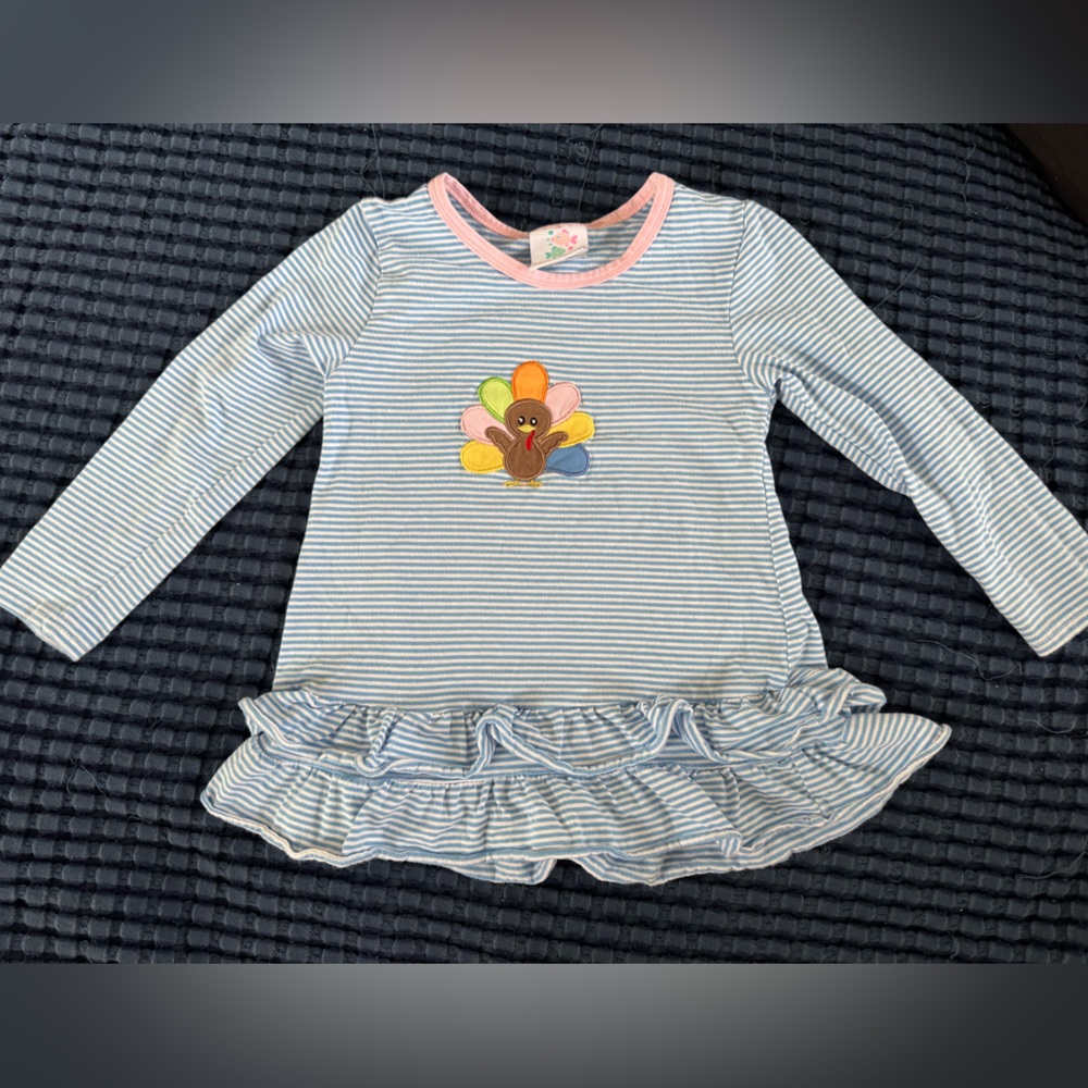 Stitchy Fish toddler Thanksgiving Striped Blue and White Top Turkey, size 3t